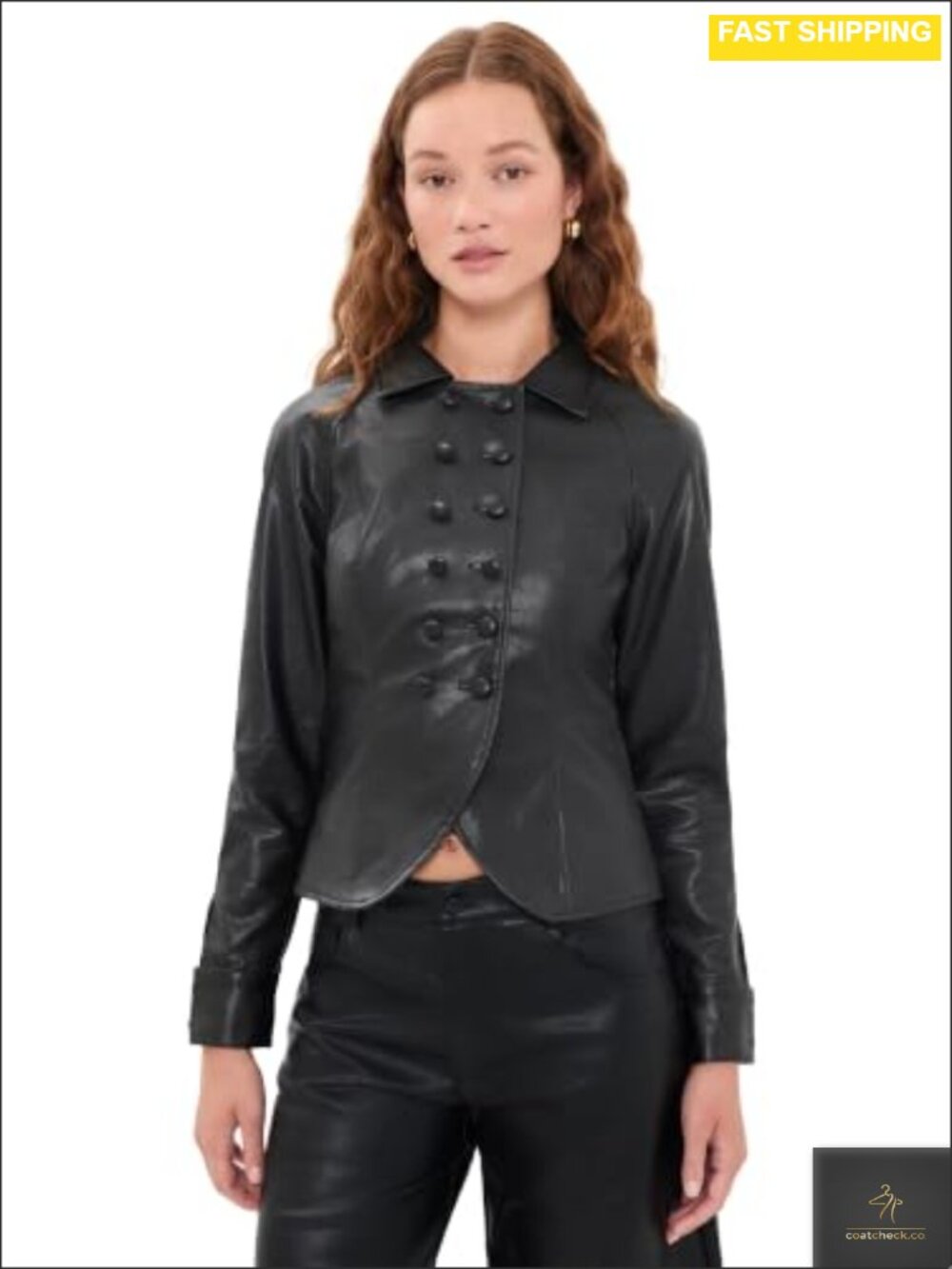 Faux Leather Form Jacket Double-Breasted Button Placket Collared